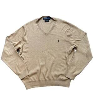 Polo Ralph Lauren Mens L Tan Pima Cotton V Neck Long Sleeve Sweater Brown Pony
